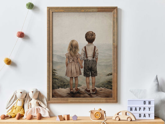 Vintage Sibling Love Art Print - Brother & Blonde Sister Adventure, Family Bonding Wall Art for Nursery and Home, Printable Decor