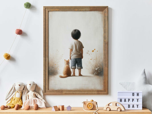 Boy & Cat Print, Cat Nursery Decor Boy, Cat Wall Art, Boy's Room Decor, Floral Nursery Decor, Cat and Boy Painting, Printable Boy Wall Art