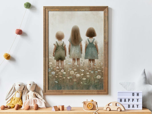 Three Sisters Print, Sisterhood Art, Vintage Sister Painting, Shared Sister Room Art, Wildflower Girls Room Decor, Printable Girl Wall Art