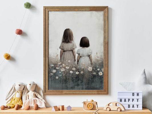 Sister Room Print, Sister Painting, Sisterhood Wall Art, Vintage Sister Painting, Best Friends,Wildflower Girls Room Art, Printable Girl Art