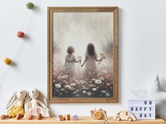 Sister Room Art, Sister Print, Shared Sister Bedroom Decor, Vintage Sister Painting, Wildflower Girls Room Decor, Printable Girl Wall Art