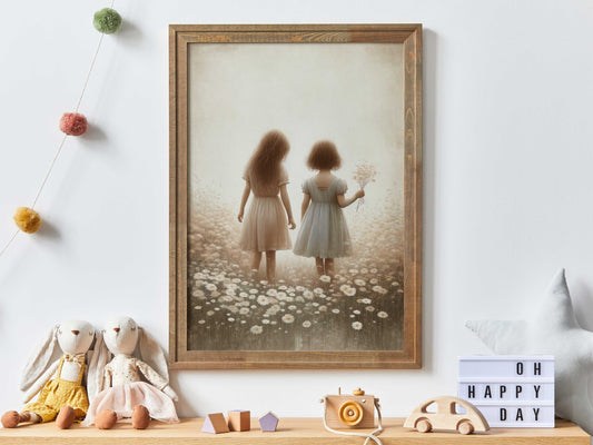 Sister Room Print, Sister Painting, Sisterhood Wall Art, Vintage Sister Painting, Best Friends,Wildflower Girls Room Art, Printable Girl Art