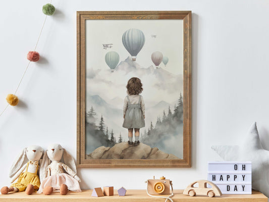 Adventure Nursery Girl Wall Art, Vintage Girls Room Decor, Hot Air Balloons, Mountain Nursery Art, Printable Girls Bedroom or Playroom Decor