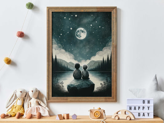 Brothers Room Print, Brothers Painting, Brothers Room Decor, Adventure Toddler Art, Moon & Stars Nursery Art, PRINTABLE Stargazing Wall Art