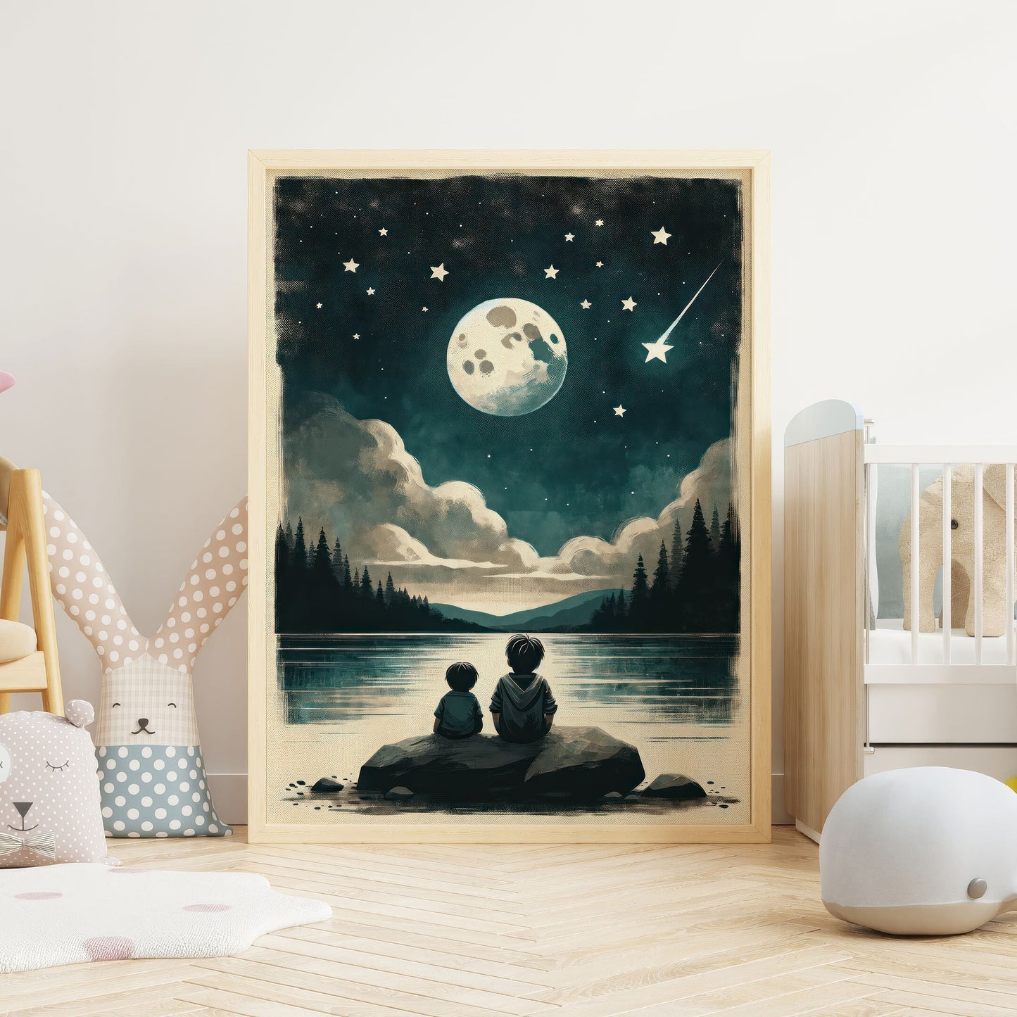 Brothers Room Print, Brothers Painting, Stargazing Print, Moody Night Sky Decor, Moon & Stars Nursery Art, PRINTABLE Boys Room Wall Art