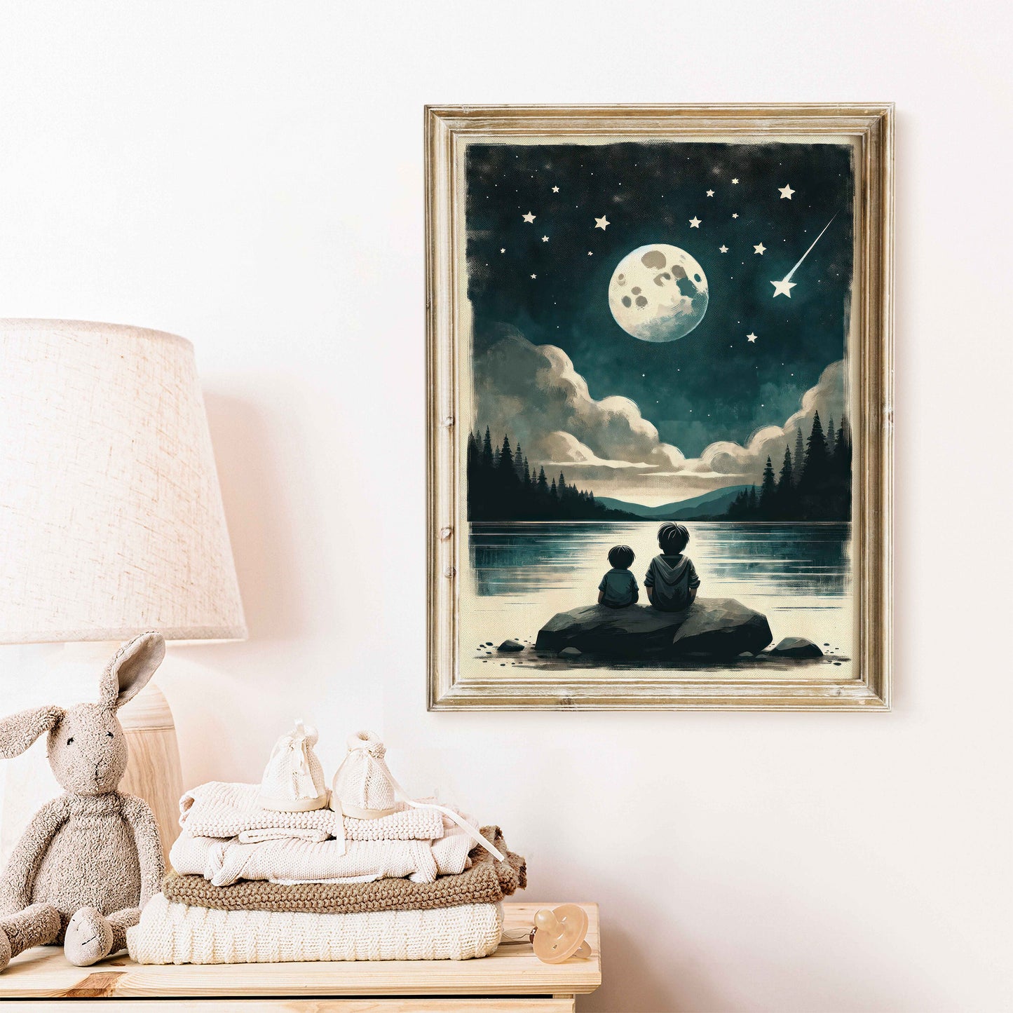 Brothers Room Print, Brothers Painting, Stargazing Print, Moody Night Sky Decor, Moon & Stars Nursery Art, PRINTABLE Boys Room Wall Art