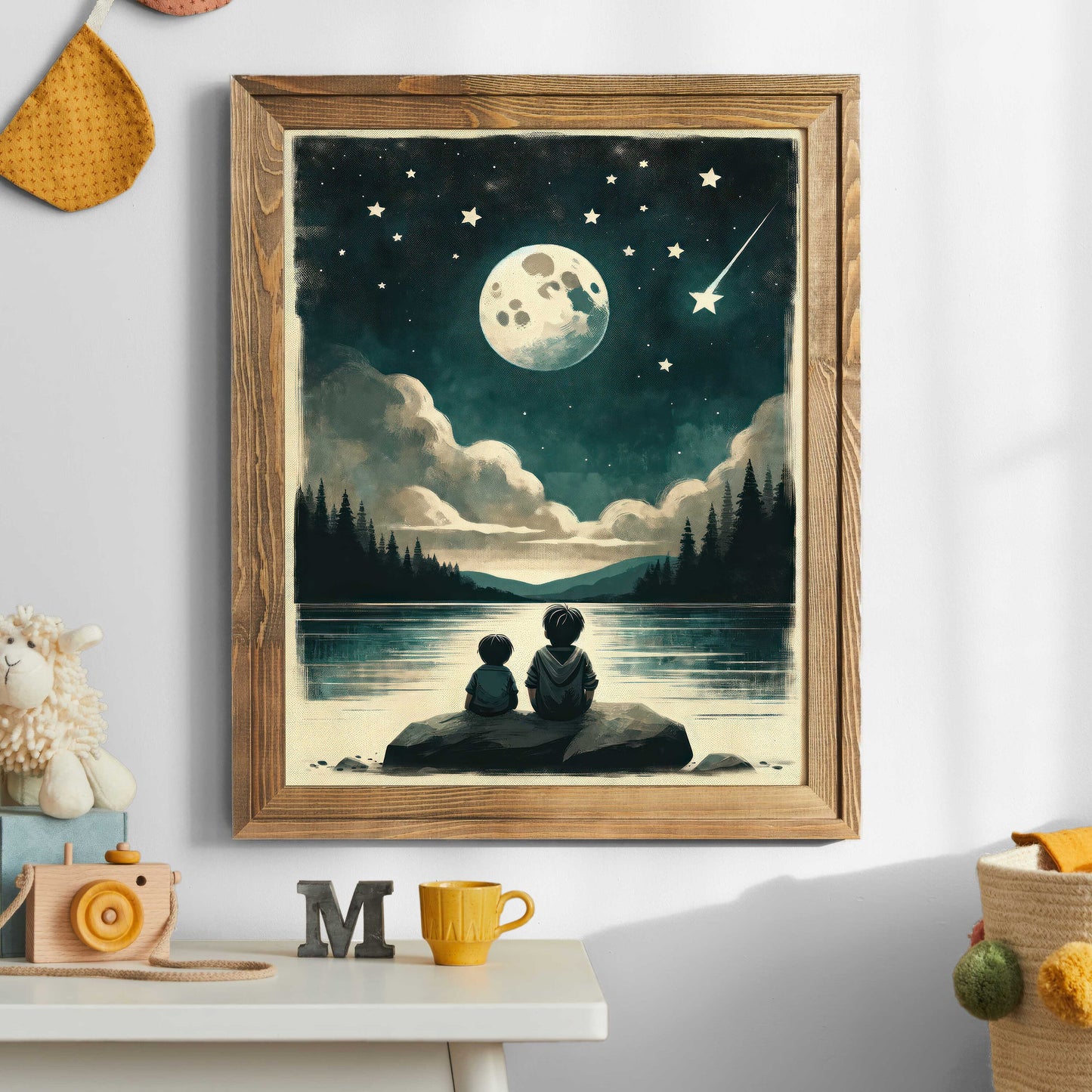 Brothers Room Print, Brothers Painting, Stargazing Print, Moody Night Sky Decor, Moon & Stars Nursery Art, PRINTABLE Boys Room Wall Art