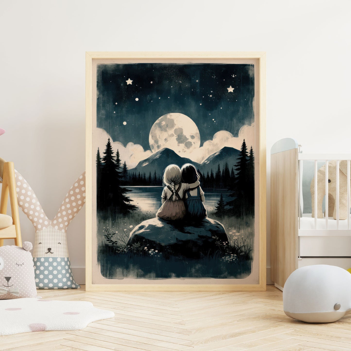 Sister Room Print, Sister Painting, Magical Nursery Art, Adventure Toddler Art Girl, Moon & Stars Nursery Art, PRINTABLE Stargazing Wall Art