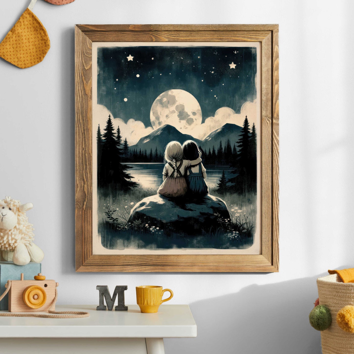 Sister Room Print, Sister Painting, Magical Nursery Art, Adventure Toddler Art Girl, Moon & Stars Nursery Art, PRINTABLE Stargazing Wall Art