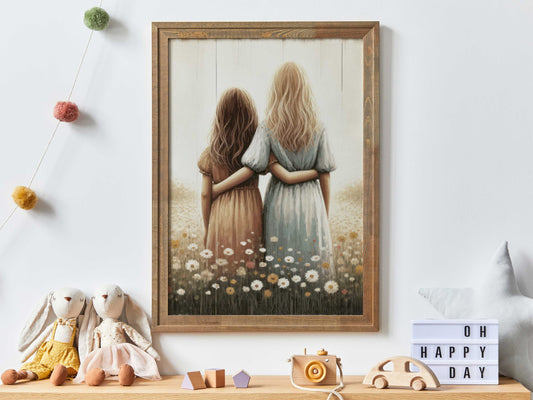 Sister Wall Art, Sisterhood Art, Vintage Sister Painting, BFF Best Friends Print, Wildflower Girls Room Decor, Printable Girl Wall Art