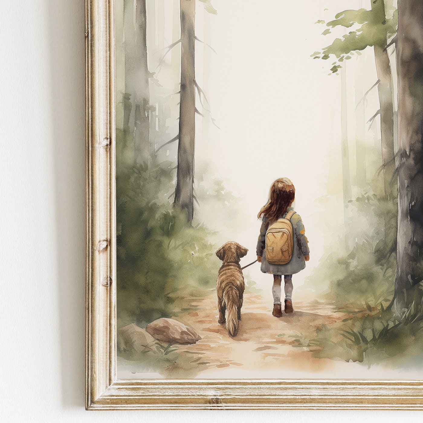 Enchanting Forest Adventure Triptych Art - Girl and Dog Hiking Path, Set of 3 Vintage Nursery Prints, Digital Wall Art for Children's Room