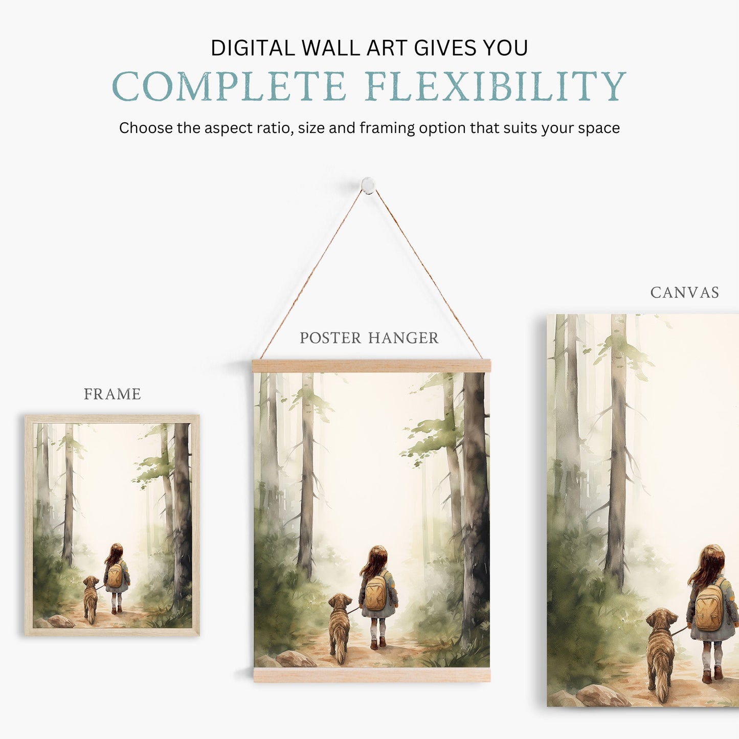 Enchanting Forest Adventure Triptych Art - Girl and Dog Hiking Path, Set of 3 Vintage Nursery Prints, Digital Wall Art for Children's Room