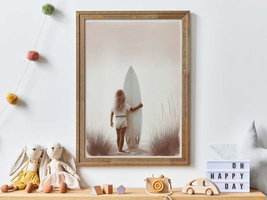 Surfing Nursery Decor Girl, Little Surfer Girl Print, Beach Girl Room Decor, Beach Nursery Art, Surfboard Nursery Print,Printable Surfer Art