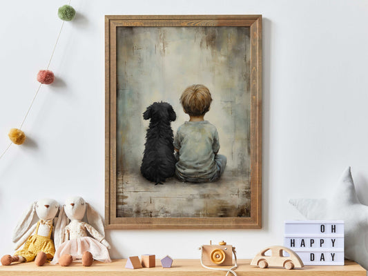 Boy and Black Dog Vintage Art, Heartwarming Nursery Decor, Digital Print for Child's Room, Vertical Wall Art Download