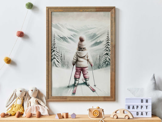 Skiing Nursery Art, Skiing Wall Decor Kids, Ski Nursery Art Girl, Little Girl Skier Painting, Skiing Art Girl, PRINTABLE Winter Decor Child