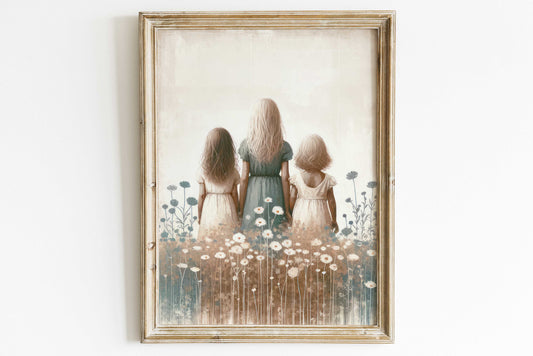 Three Sisters Wildflower Field Art Print - Vintage-Inspired Digital Wall Art for Home Decor, Customizable for Nursery or Living Room