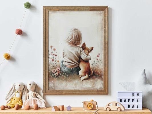 Chihuahua Nursery Decor, Girl & Dog Painting, Dog Nursery Decor for Girls, Chihuahua Dog Lover, Chihuahua Wall Art, Printable Dog Decor Kids