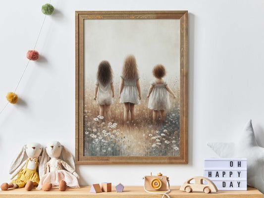 Three Sisters Painting, Sisterhood Art, Vintage Sister Print, Shared Sister Room Art, Wildflower Girls Room Decor, Printable Sister Wall Art