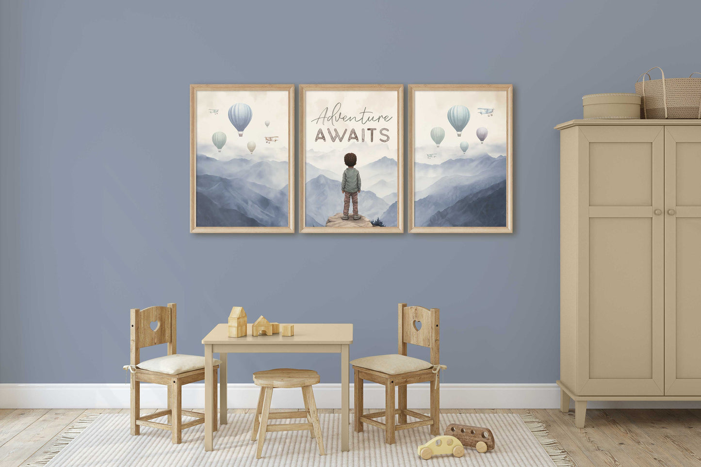 Black Boy Adventure Nursery Art, Adventure Decor Boy, Black Kid Art, Set of 3, Hot Air Balloons, PRINTABLE African-American Boy Wall Art