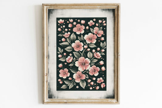 Black & Pink Floral Print, Floral Farmhouse Decor, Dark Wall Decor, Pink Flower Art, Modern Farmhouse Art, PRINTABLE Vintage Wall Art