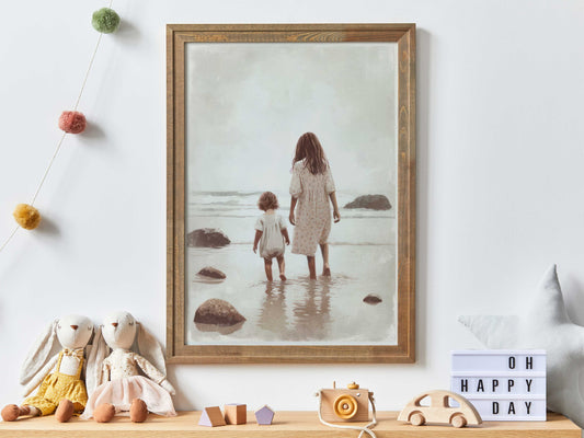 Serene Sisters Beach Walk Art Print - Summertime Siblings Love, Vintage-Inspired Nursery & Girl's Room Decor, Printable Wall Art