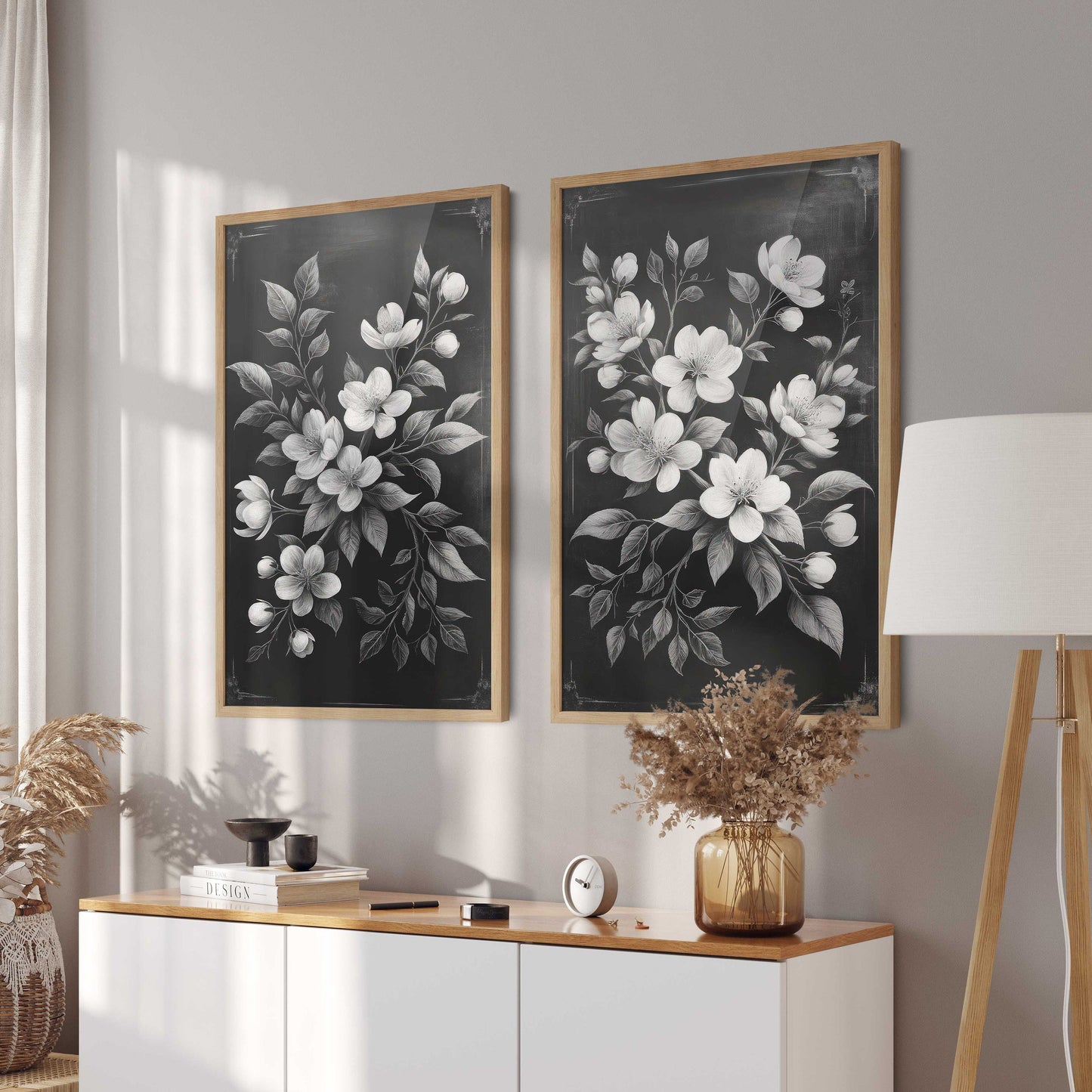 Black Floral Print, Floral Farmhouse Art, Black & White Flower Art, Set of 2, Black Wall Decor, Country Home Decor, Printable Botanical Art