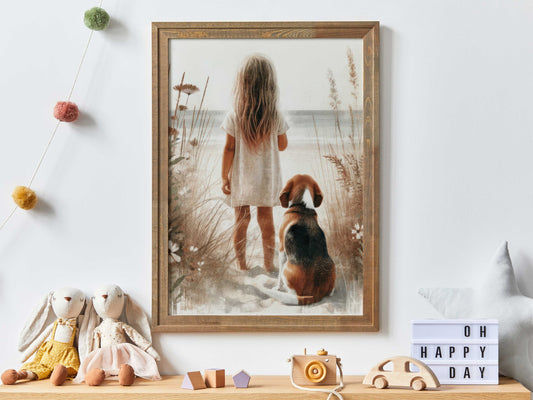 Beagle Nursery Decor, Girl & Dog Painting, Beagle Art Print, Dog Nursery, Beagle Wall Art, Dog Decor Girls Room, Printable Girl Wall Art