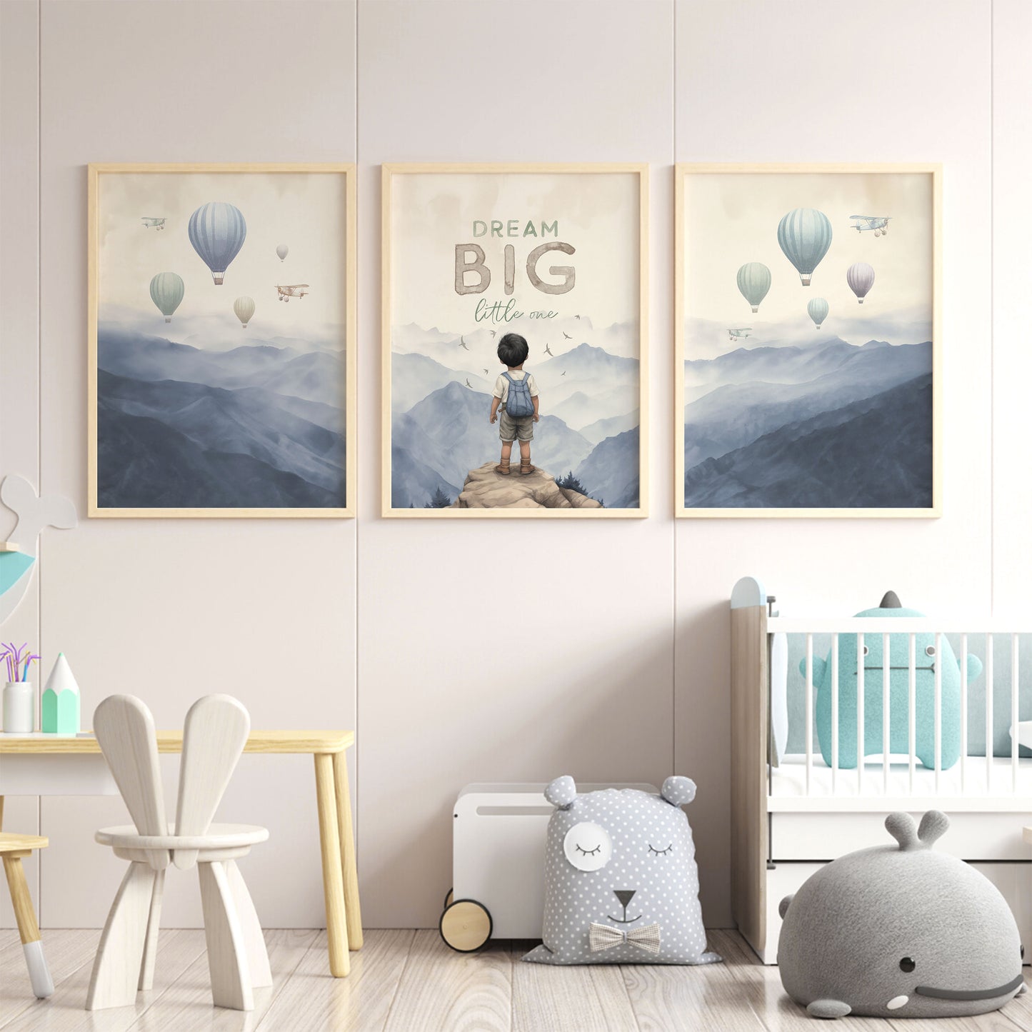 Dream Big Little One Print, Boys Room Decor ,Set of 3, Adventure Nursery Boy, Nursery Quote Boy, Hot Air Ballon Nursery, Printable Boy Art