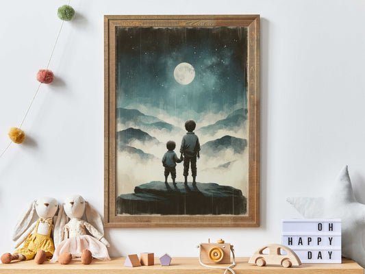 Brothers Room Print, Two Brothers Painting, Brothers Bedroom Decor, Adventure Toddler Decor, Moon & Stars Wall Art, PRINTABLE Boys Wall Art