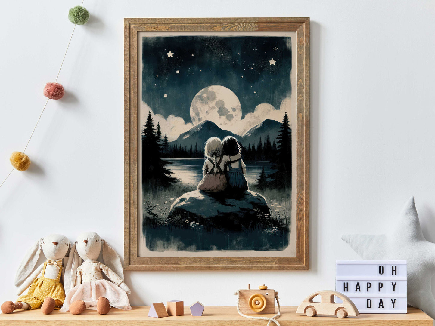 Sister Room Print, Sister Painting, Magical Nursery Art, Adventure Toddler Art Girl, Moon & Stars Nursery Art, PRINTABLE Stargazing Wall Art