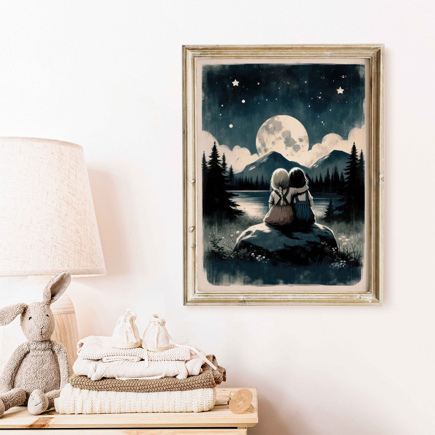 Sister Room Print, Sister Painting, Magical Nursery Art, Adventure Toddler Art Girl, Moon & Stars Nursery Art, PRINTABLE Stargazing Wall Art