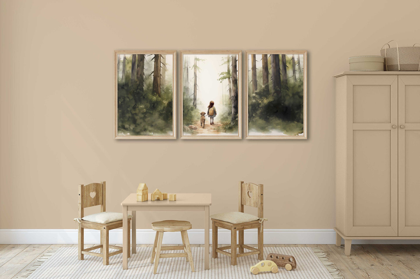 Enchanting Forest Adventure Triptych Art - Girl and Dog Hiking Path, Set of 3 Vintage Nursery Prints, Digital Wall Art for Children's Room