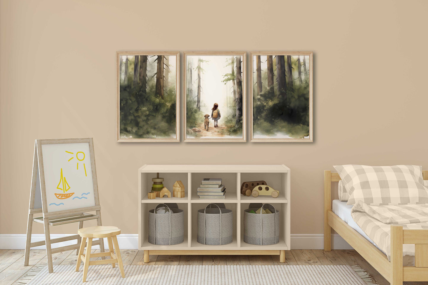 Enchanting Forest Adventure Triptych Art - Girl and Dog Hiking Path, Set of 3 Vintage Nursery Prints, Digital Wall Art for Children's Room