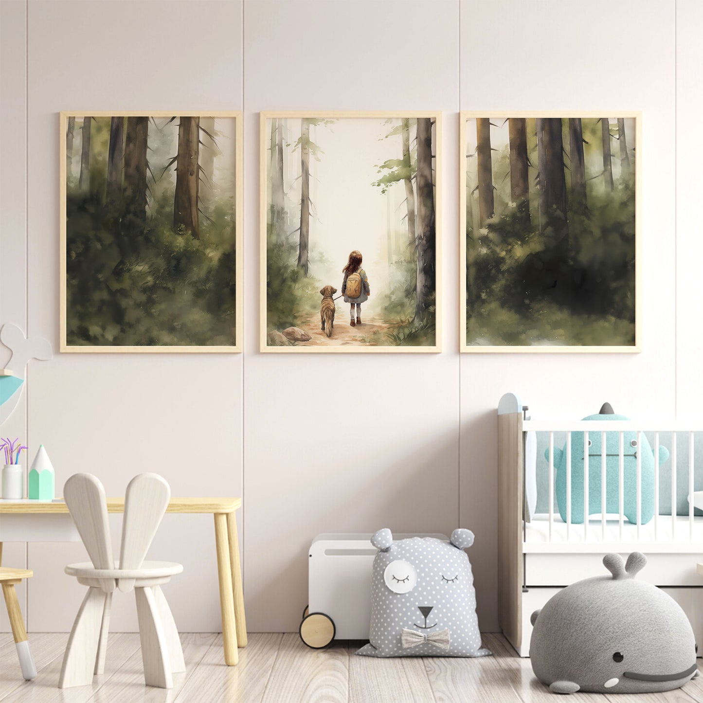 Enchanting Forest Adventure Triptych Art - Girl and Dog Hiking Path, Set of 3 Vintage Nursery Prints, Digital Wall Art for Children's Room