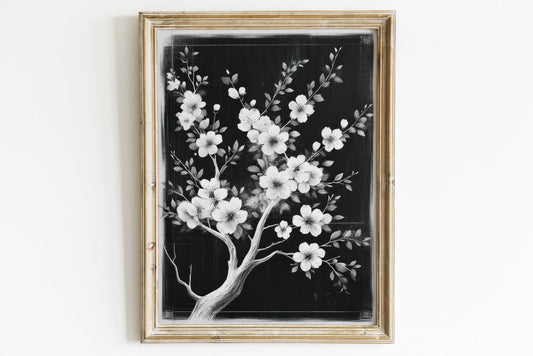 Apple Tree Print, Apple Branch Painting, Apple Tree Flowers, Apple Blossom, Black Floral Art, Black & White Floral Print, PRINTABLE Art