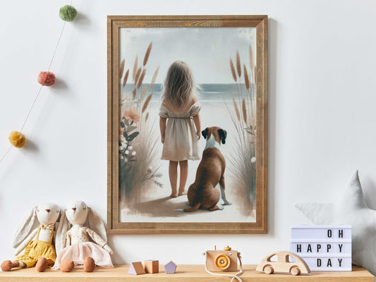 Boxer Nursery Decor, Girl and Dog Painting, Boxer Dog Print, Dog Nursery Decor, Boxer Wall Art, Dog Nursery Art, Printable Dog Decor Girls