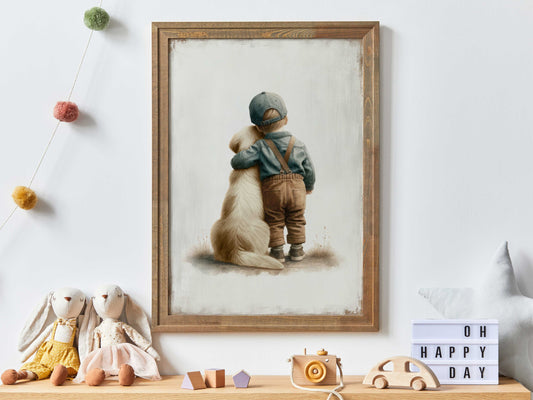 Boy & Golden Retriever Embrace Art - Heartwarming Vintage Digital Print, Minimalist Nursery Wall Decor, Customizable Pet and Child Poster