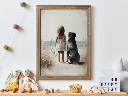 Rottweiler Nursery Art, Girl & Dog Art, Dog Nursery Decor, Rottweiler Wall Art, Girls Dog Decor, Rottweiler Painting, PRINTABLE Dog Decor