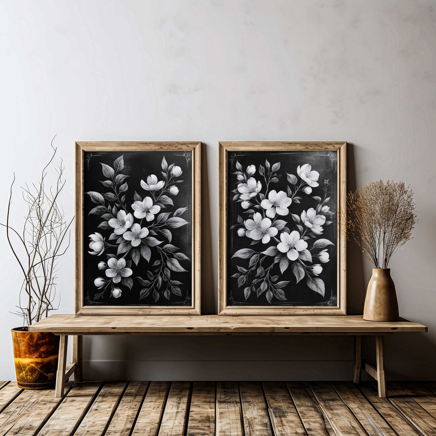 Black Floral Print, Floral Farmhouse Art, Black & White Flower Art, Set of 2, Black Wall Decor, Country Home Decor, Printable Botanical Art