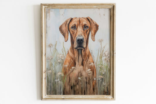 Rhodesian Ridgeback Wall Art, Vintage Dog Print, Rhodesian Ridgeback Portrait, Dogs with Flowers, Rustic Dog Painting, Printable Dog Decor