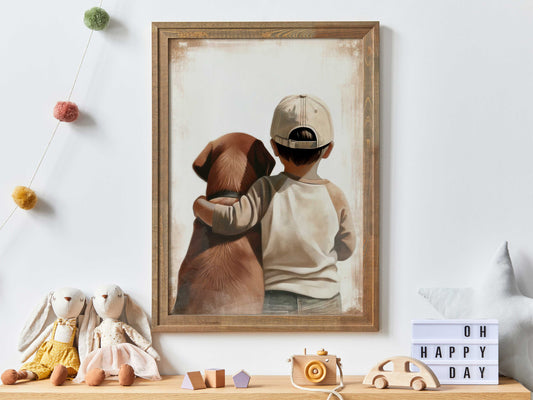 Brown Labrador Nursery Art, Boy & Dog Art Print, Dog Decor Nursery, Labrador Retriever Print, Puppy Nursery Decor, Printable Kids Art