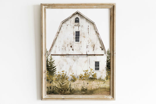 Barn Print, White Barn Painting, Rustic Farmhouse Decor, Vintage Countryside Print, Country Home Decor, Printable Country Style Home Decor