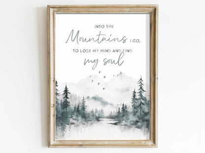 Into the Mountains Wall Art, Adventure & Hiking Quote Print, Nature Decor - WildfieldPrints
