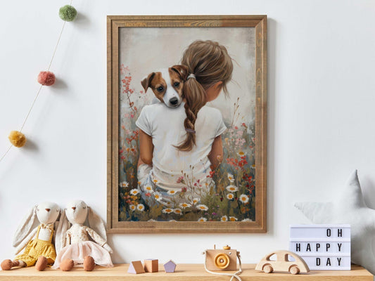 Jack Russell Art Nursery, Girl & Dog Wall Decor, Kids Room Print - WildfieldPrints