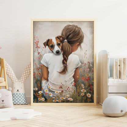 Jack Russell Art Nursery, Girl & Dog Wall Decor, Kids Room Print - WildfieldPrints