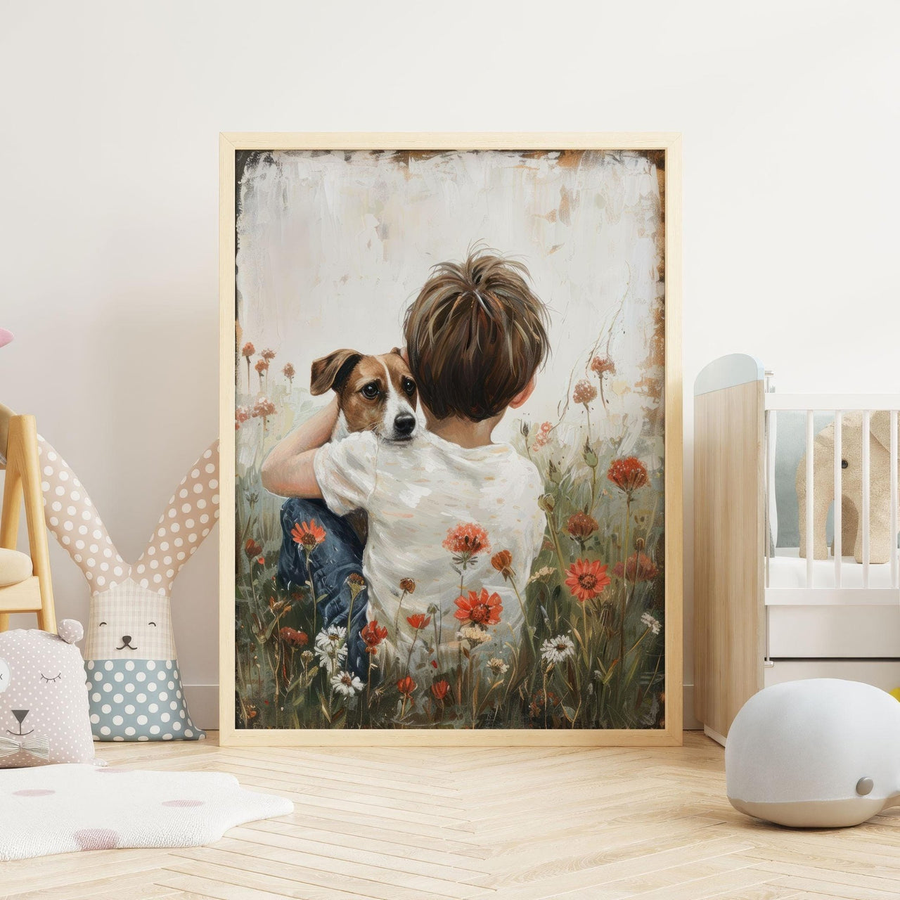 Jack Russell Nursery Wall Art – Boy and Dog Vintage Painting