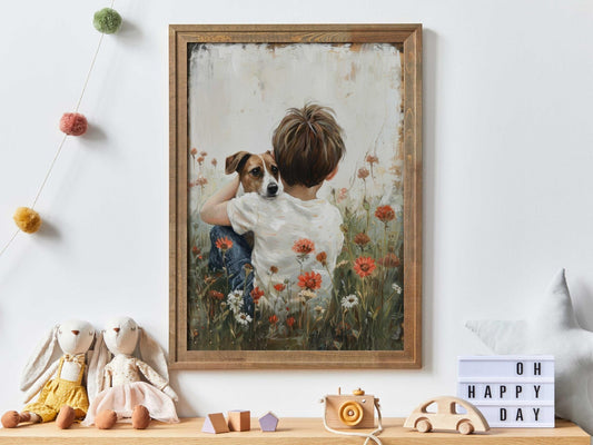 Jack Russell Nursery Decor, Boy & Dog Artwork, Cute Canine Print - WildfieldPrints