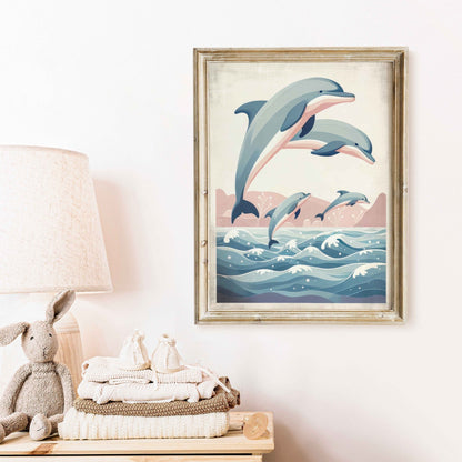 Jumping Dolphins Nursery Print, Ocean Theme Decor, Sea Animal Wall Art - WildfieldPrints