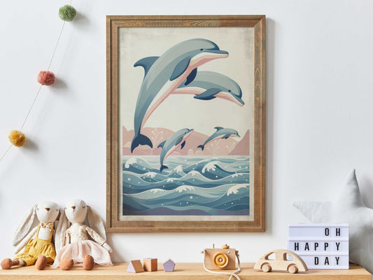 Jumping Dolphins Nursery Print, Ocean Theme Decor, Sea Animal Wall Art - WildfieldPrints