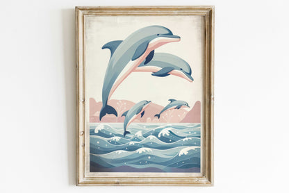 Jumping Dolphins Nursery Print, Ocean Theme Decor, Sea Animal Wall Art - WildfieldPrints